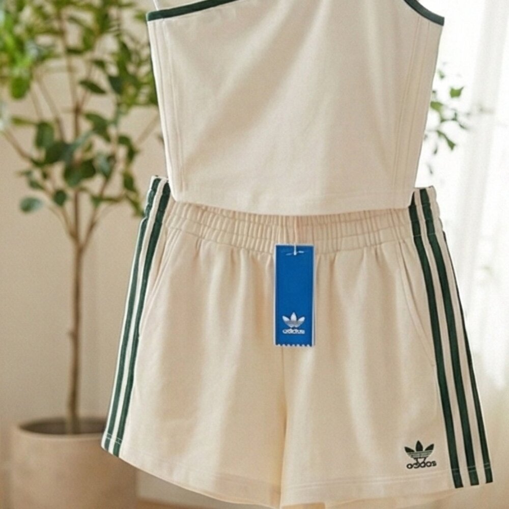 NWT Adidas Originals One-Shoulder Crop Top & 3-Stripe Shorts Set - Cream/Green - Picture 2 of 2